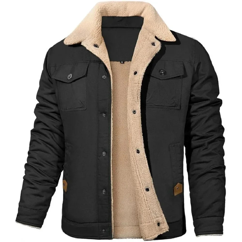 ❤️Men's Fleece Trucker Jacket Winter Warm Sherpa Lined Cotton Cargo Coats Black